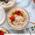 overnight steel cut oats in meal prep jars labeled for Pinterest.