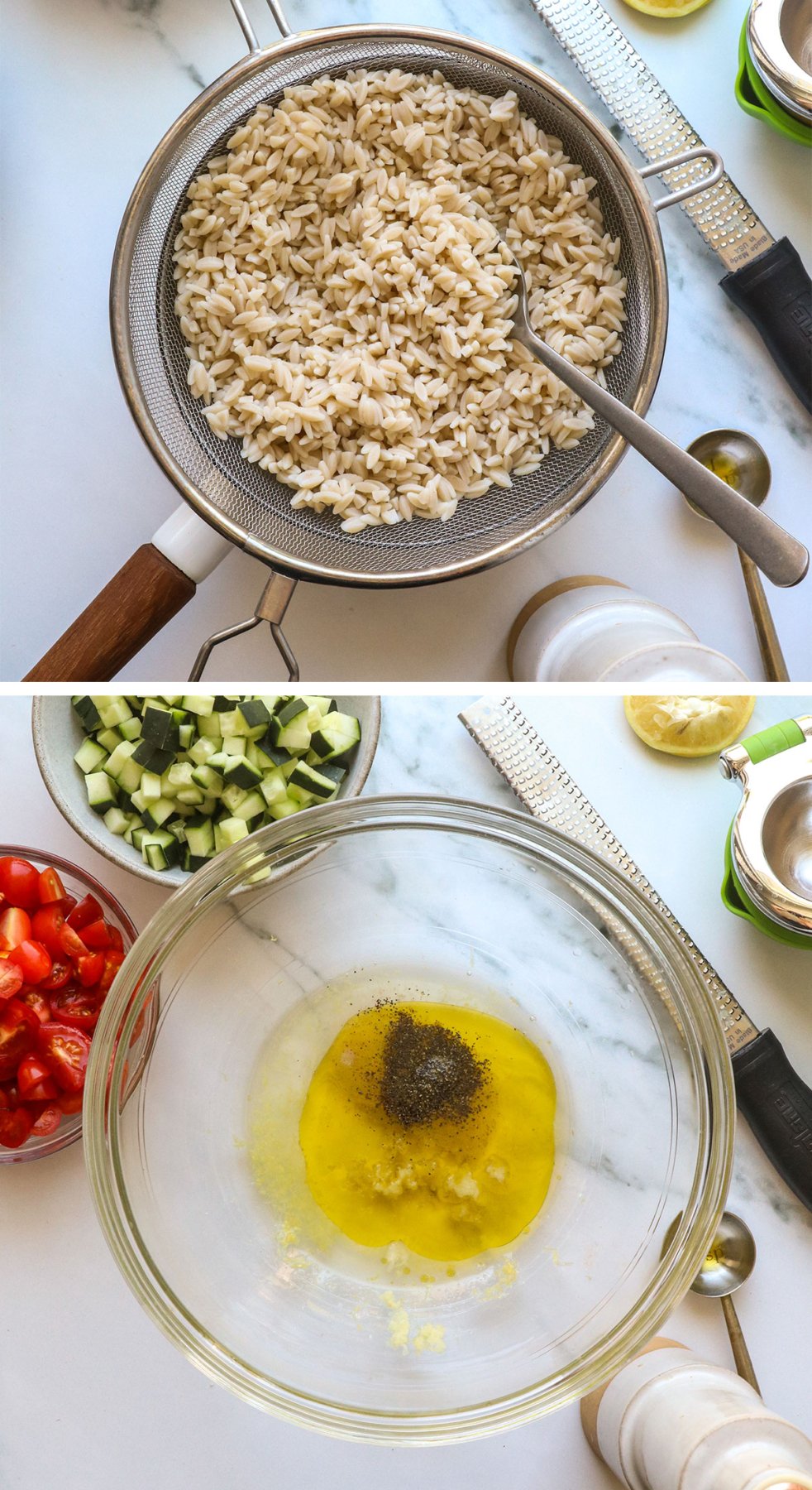 orzo in strainer and dressing mixed in a glass bowl.