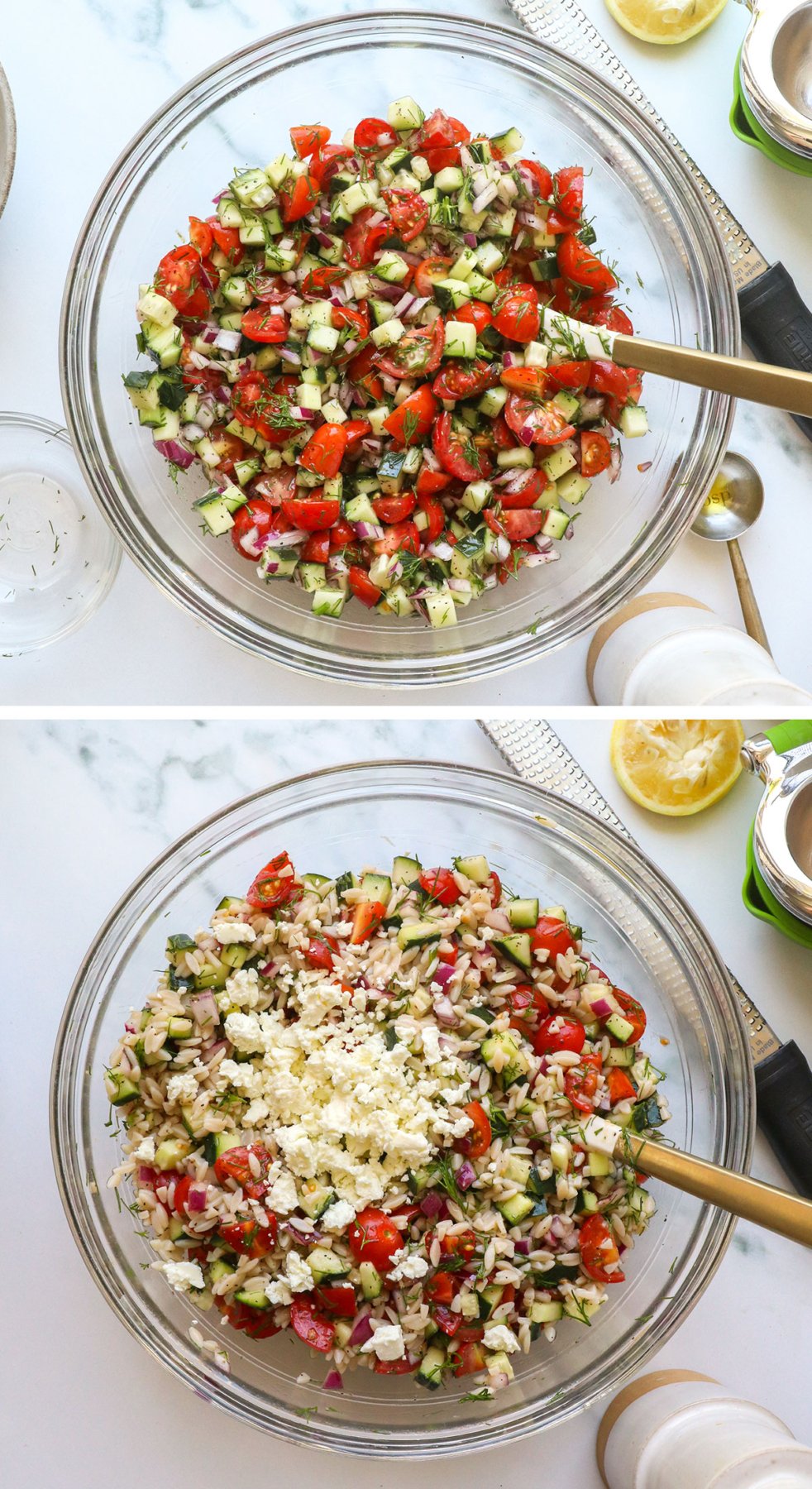 veggies tossed with orzo, feta, and dressing.