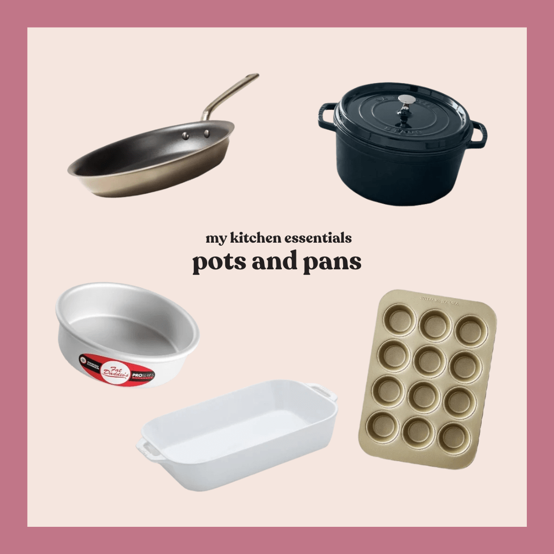 collage of pots & pans in kitchen essentials