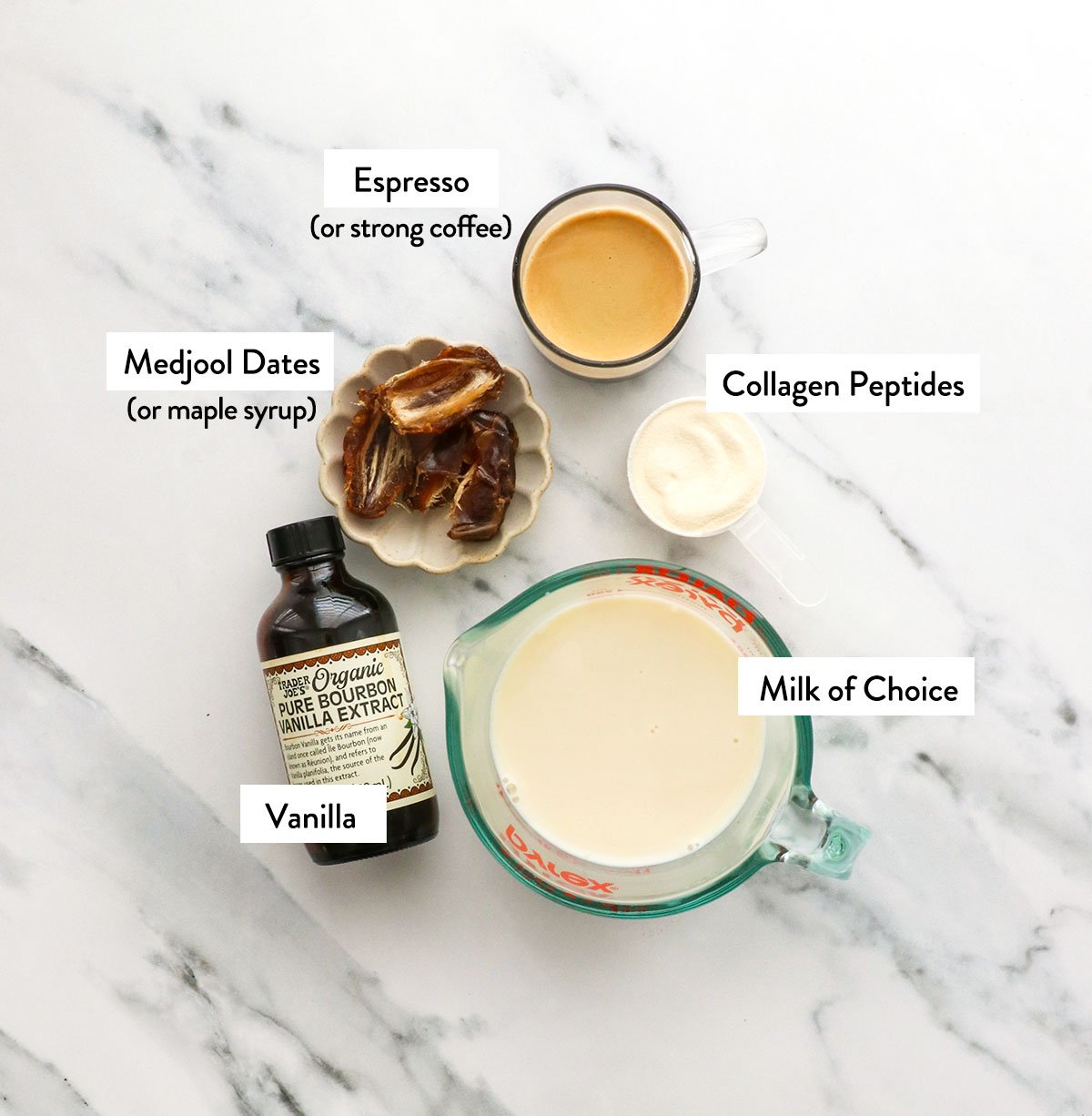 milk, collagen, espresso, dates, and vanilla labeled on a white surface. 