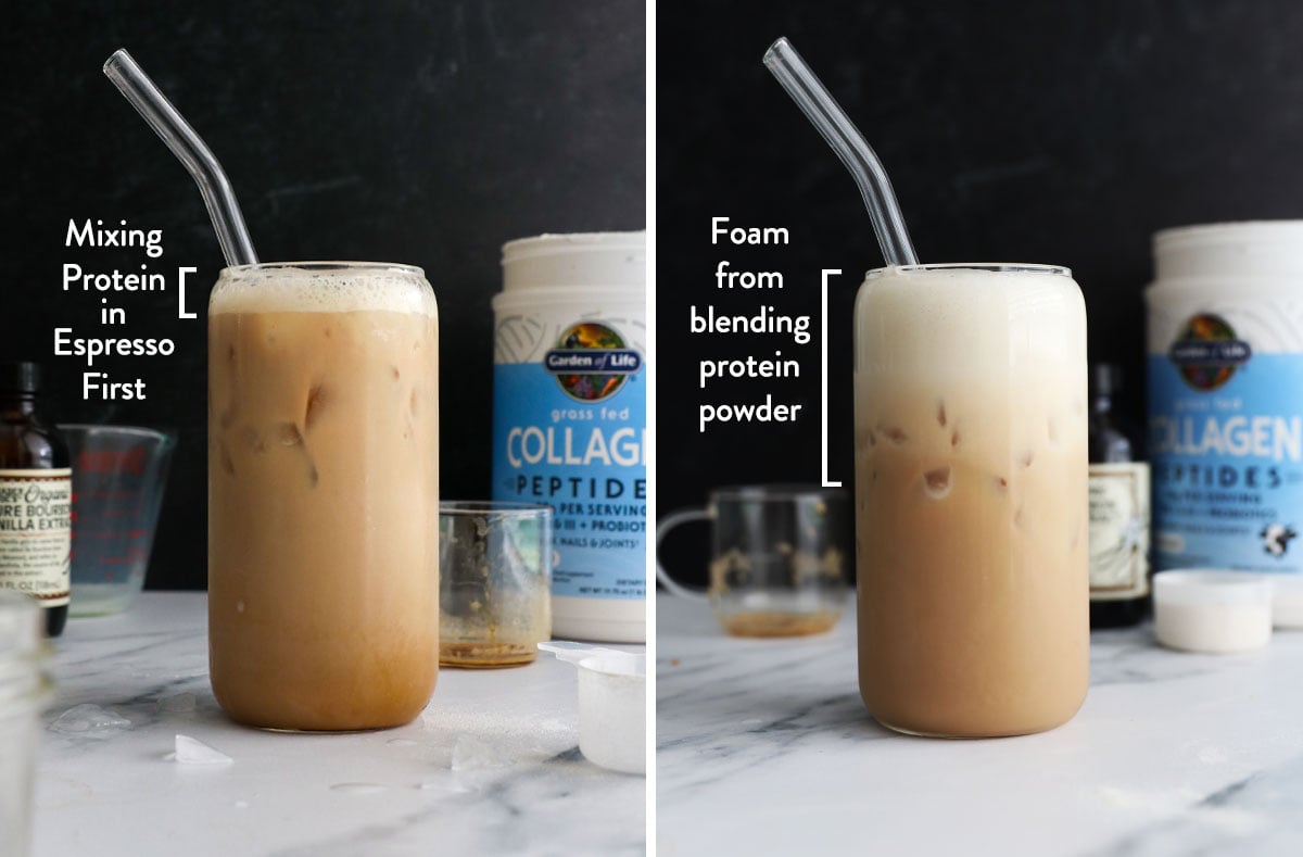 comparing levels of foam in a blended latte vs dissolving in espresso first.