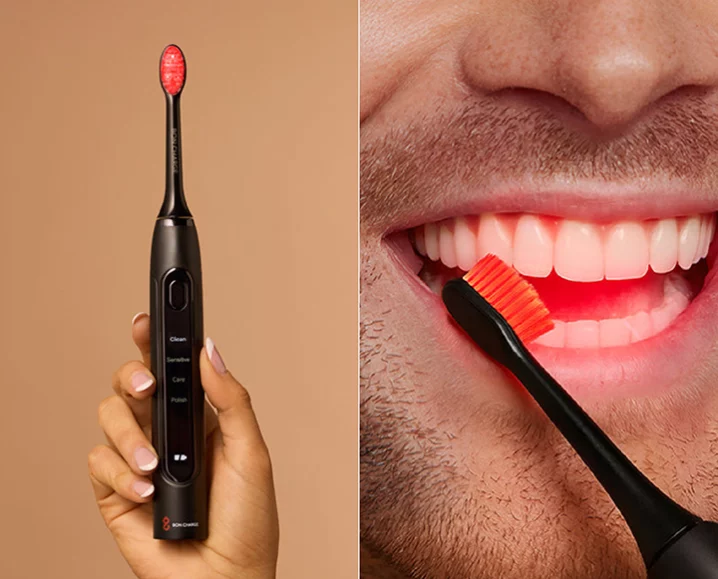 close up of bon charge red light toothbrush 
