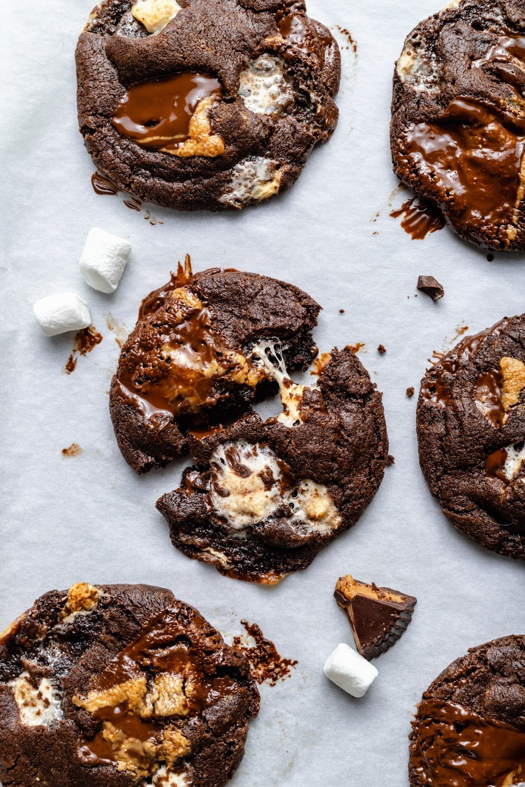 peanut butter cup s'mores chocolate cookie on parchment paper