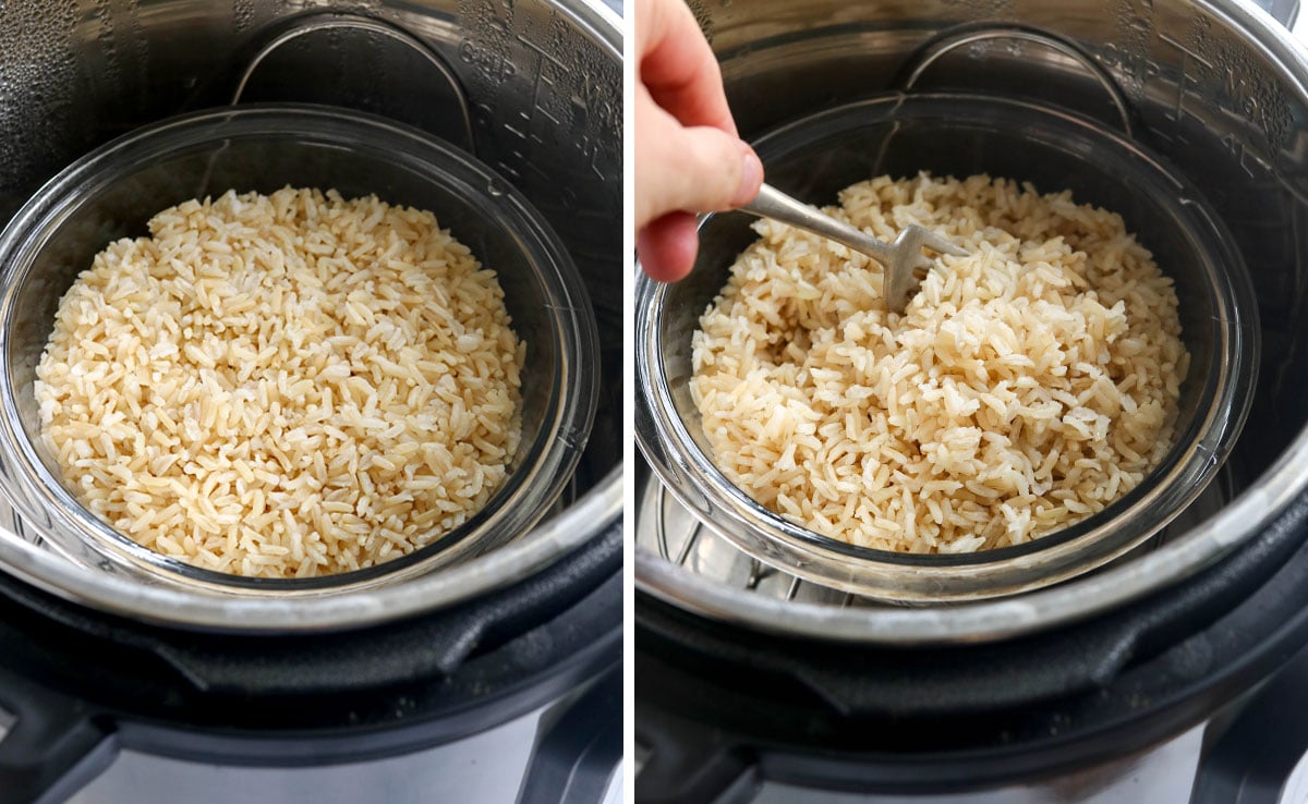 brown rice cooked pot in pot in the Instant Pot