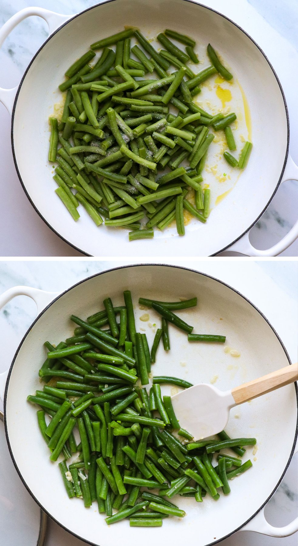 green beans before and after cooking with a lid on in the white pan.
