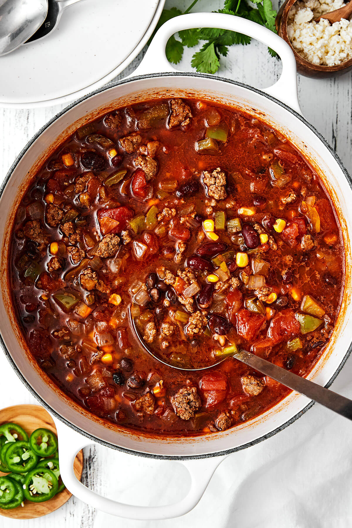 A white pot with taco soup