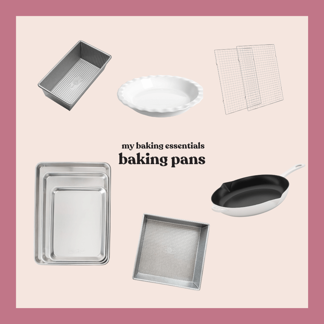 All of my favorite baking essentials in one place! Here you’ll find my go-to appliances for mixing and blending, pans for any baked goods, and plenty of utensils to make your baking projects a breeze. These baking essentials are great for gifting or updating your own kitchen, too! collage of essential baking pans