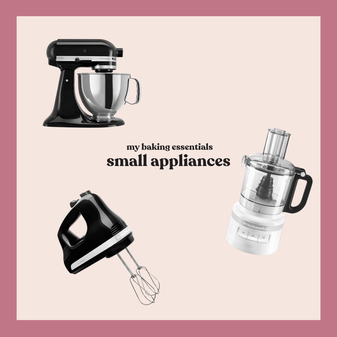 All of my favorite baking essentials in one place! Here you’ll find my go-to appliances for mixing and blending, pans for any baked goods, and plenty of utensils to make your baking projects a breeze. These baking essentials are great for gifting or updating your own kitchen, too! collage of small appliances for baking