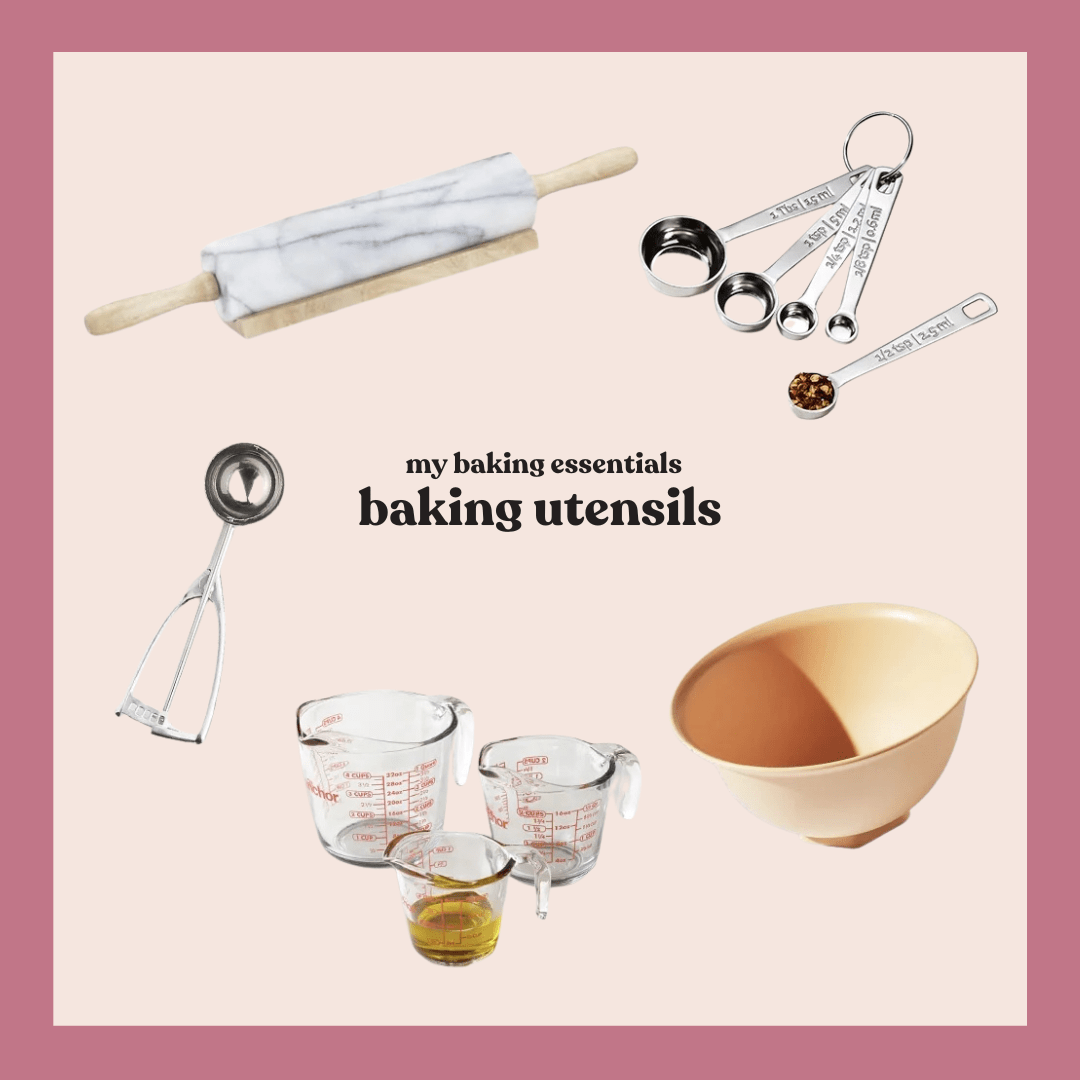 All of my favorite baking essentials in one place! Here you’ll find my go-to appliances for mixing and blending, pans for any baked goods, and plenty of utensils to make your baking projects a breeze. These baking essentials are great for gifting or updating your own kitchen, too! collage of baking utensils