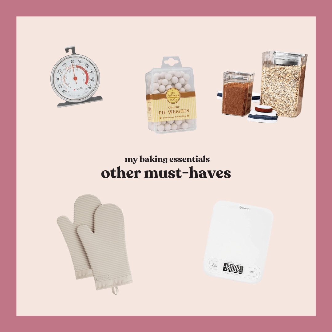 All of my favorite baking essentials in one place! Here you’ll find my go-to appliances for mixing and blending, pans for any baked goods, and plenty of utensils to make your baking projects a breeze. These baking essentials are great for gifting or updating your own kitchen, too! collage of must-have baking essentials