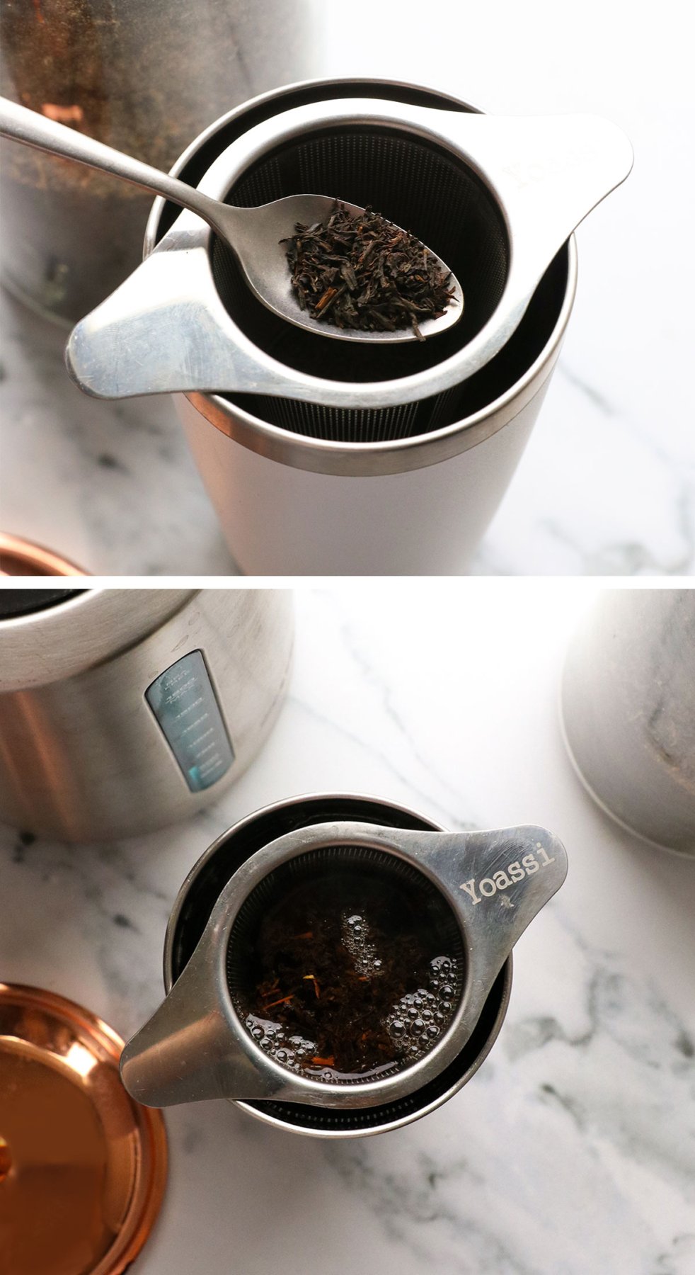 loose leaf tea brewed in a white travel mug for a london fog latte. 