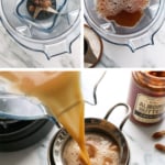 dates, almond butter, and tea blended and poured through a strainer.