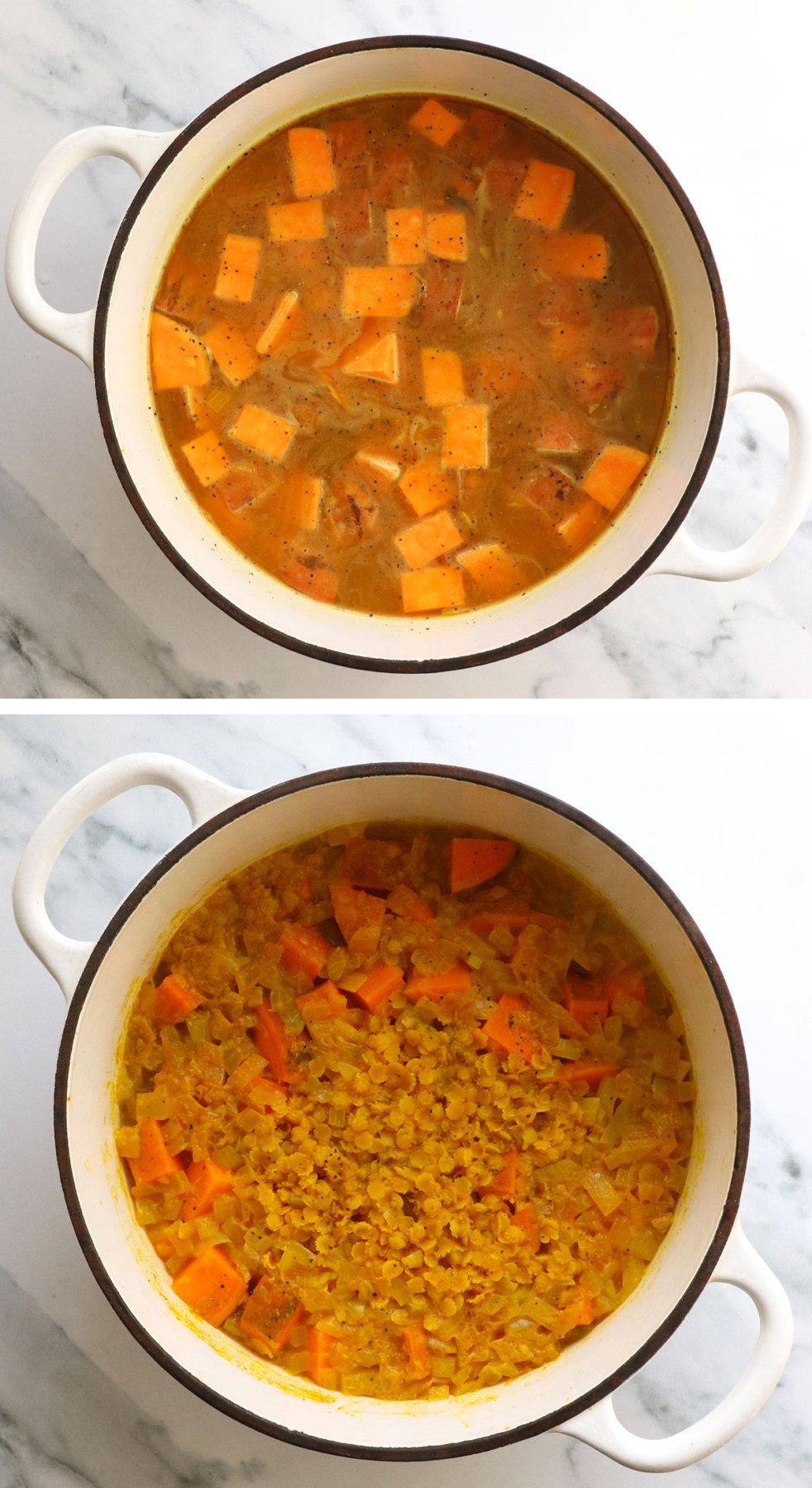 sweet potato and lentil curry before and after cooking in a white pot.