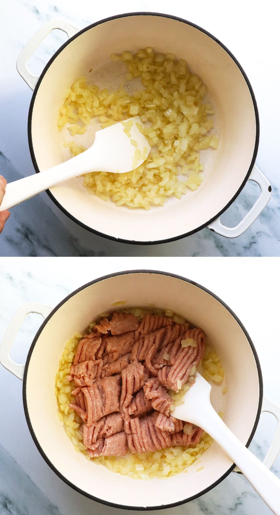 sauteed onion and ground turkey cooked in a white pot. 