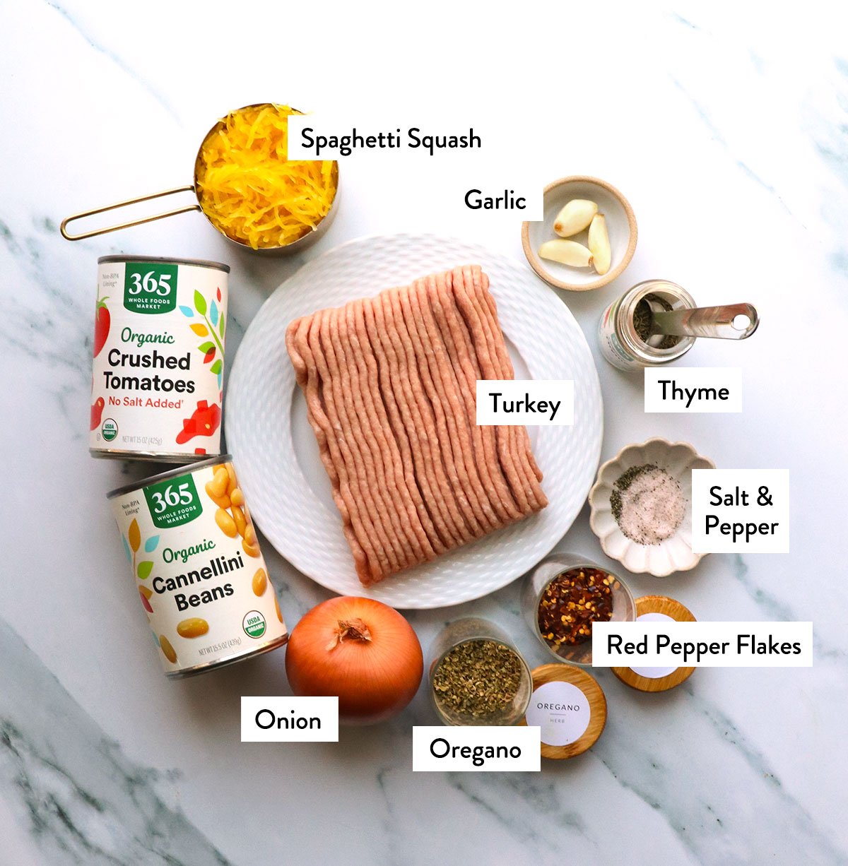 ground turkey, spaghetti squash, garlic, spices, onion, and canned ingredients labeled on a white surface. 