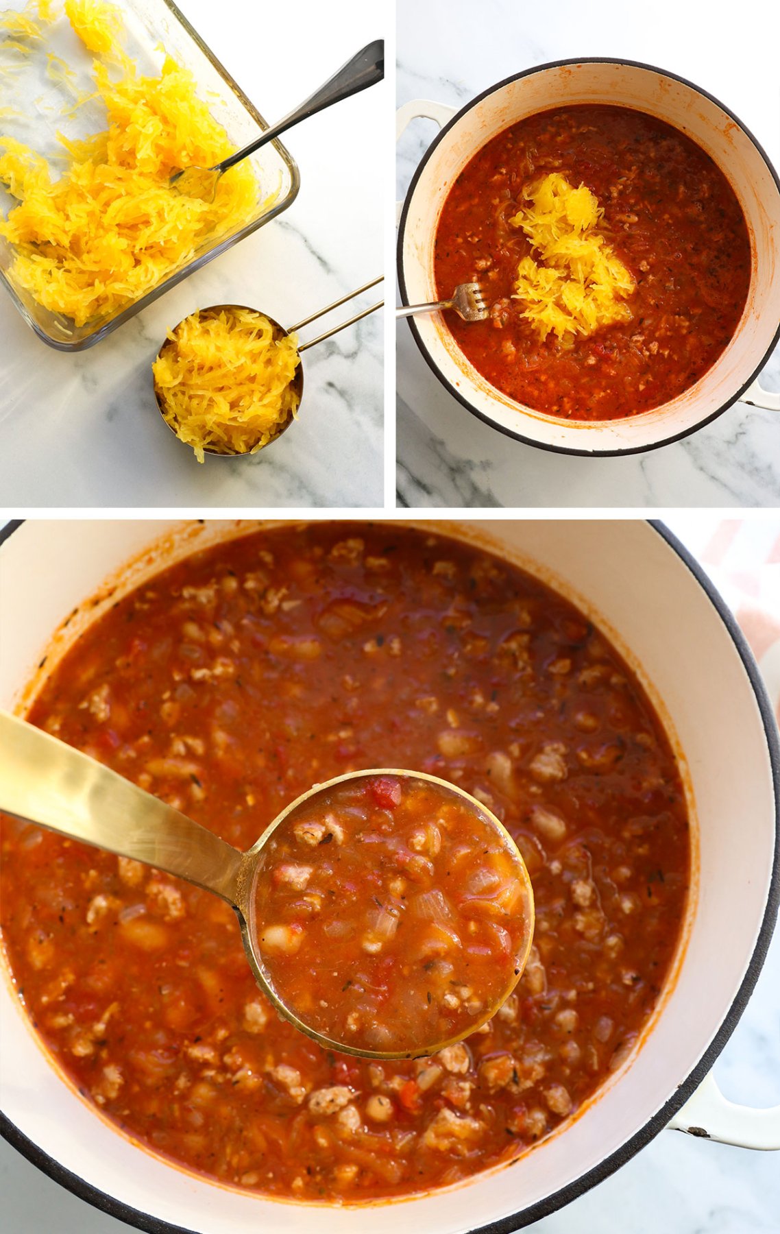 spaghetti squash added to soup and lifted on a ladle. 