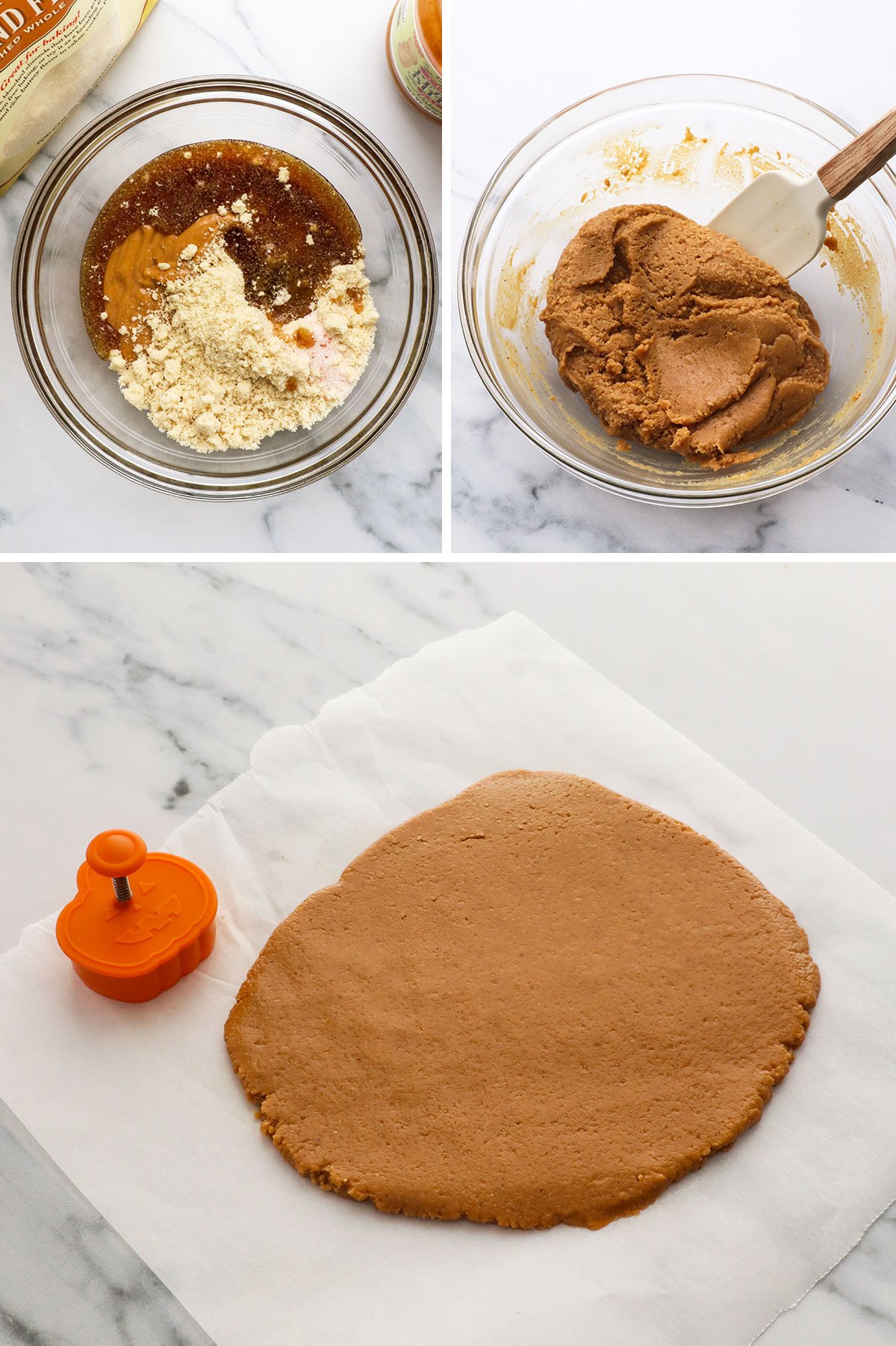 peanut butter filling mixed in a glass bowl and rolled flat on parchment paper.