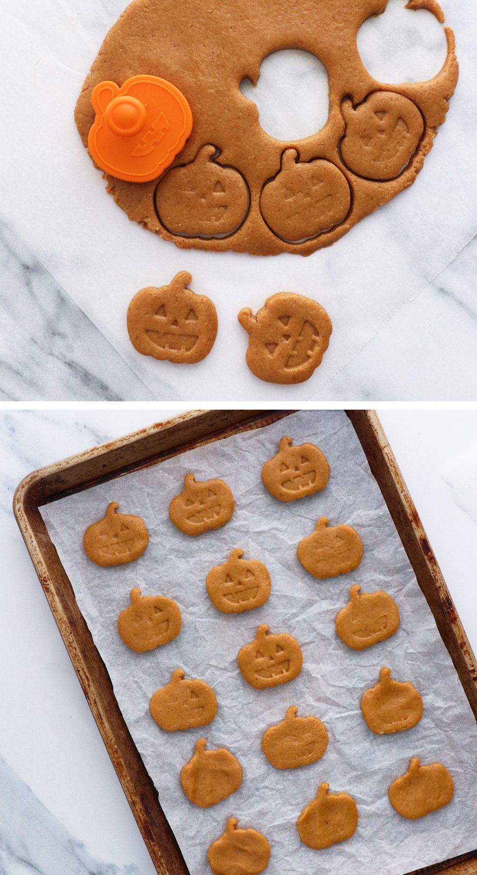 peanut butter filling cut out with a pumpkin shape and placed on pan. 