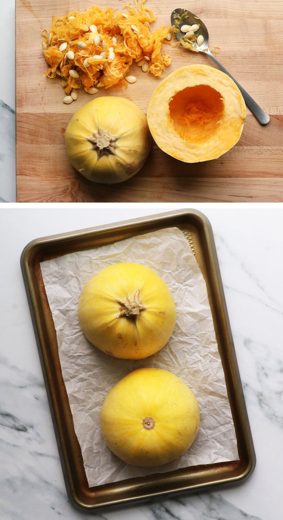 spaghetti squash cut in half with seeds scooped and placed on pan. 
