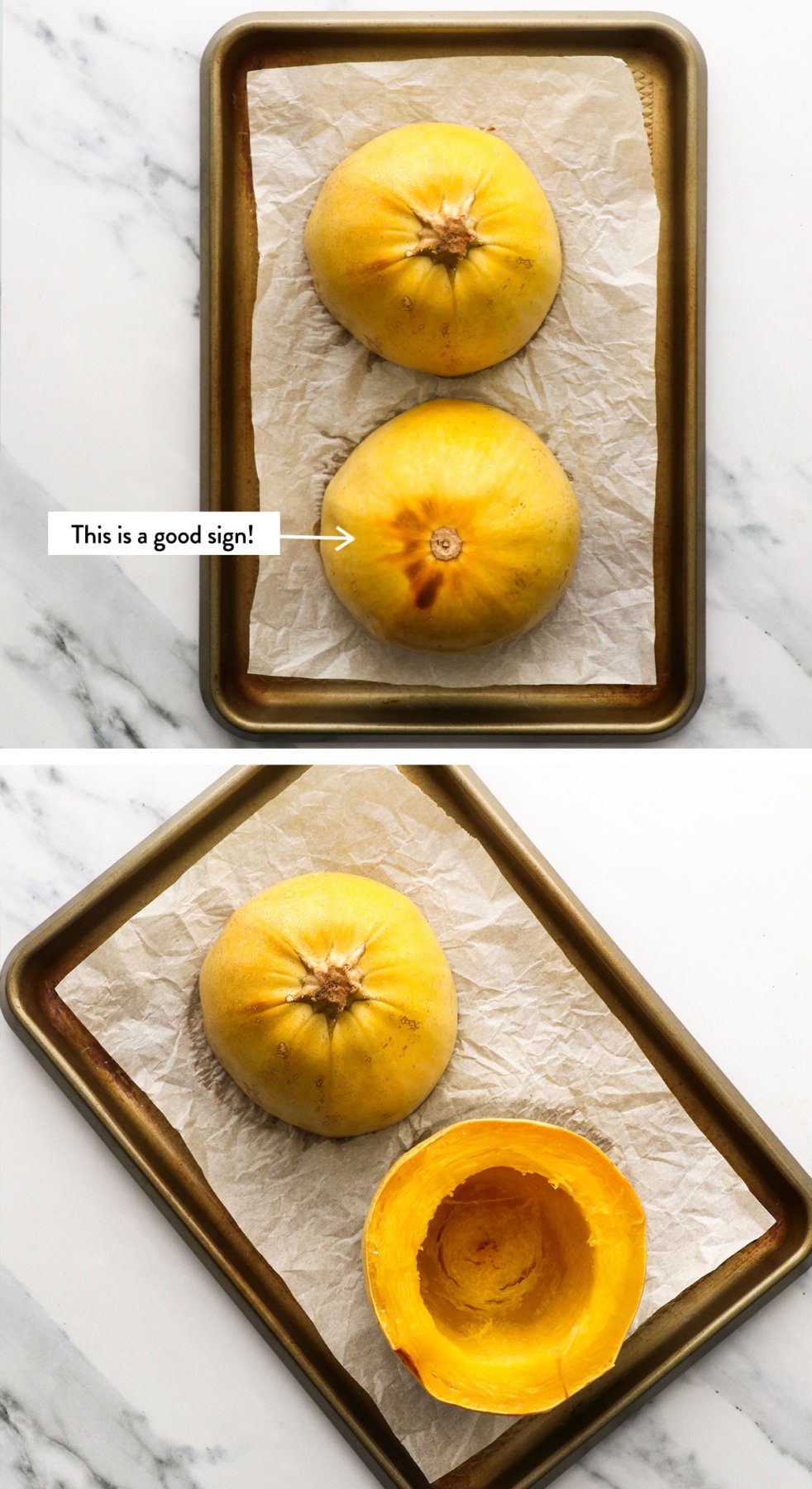 spaghetti squash browned after cooking and flipped over on the pan. 