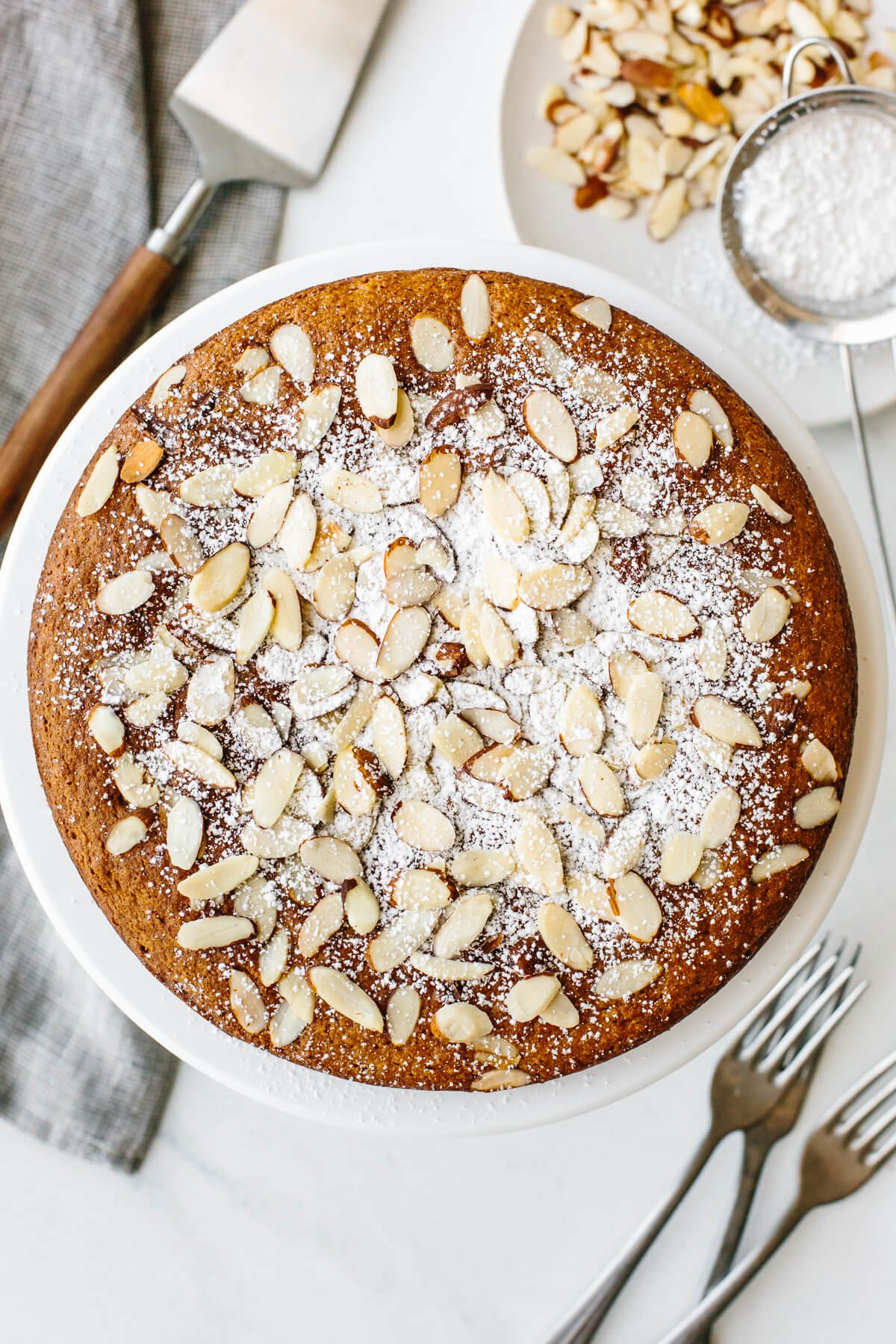 Almond cake on a cake stand
