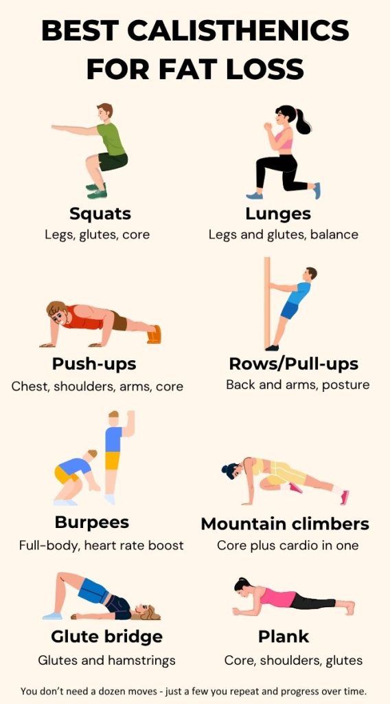 Infographic titled ‘Best Calisthenics for Fat Loss’ showing squats, lunges, push-ups, rows or pull-ups, burpees, mountain climbers, glute bridge and plank with short notes on what they work.