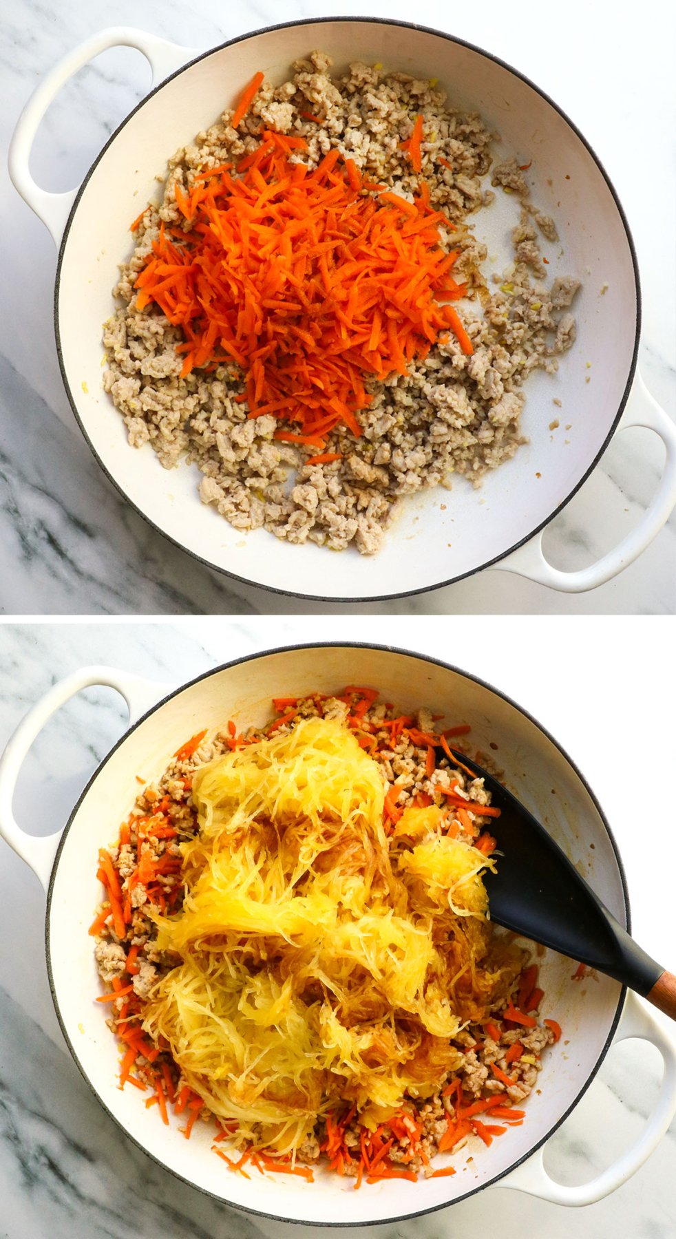 shredded carrot added to chicken and squash added to the pan. 