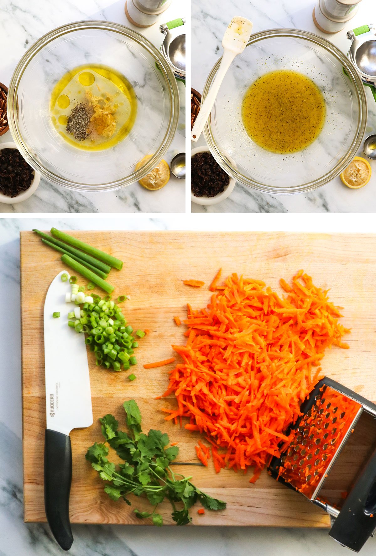dressing mixed in bowl and veggies prepped on a cutting board.