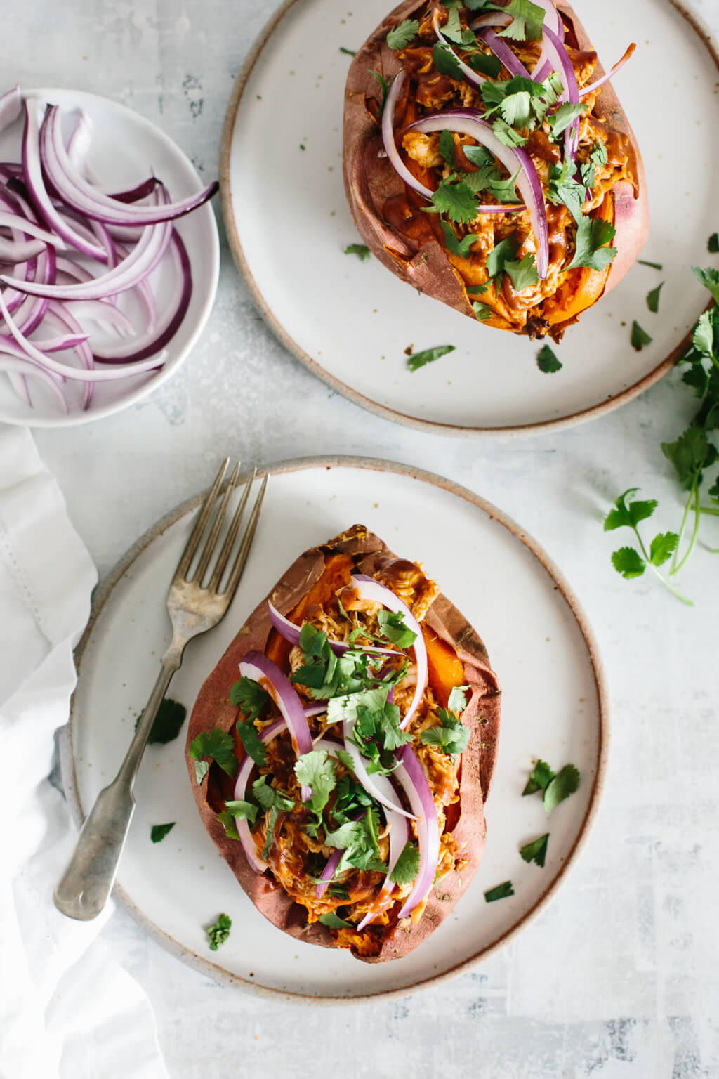 BBQ chicken stuffed sweet potatoes are a healthy, easy, gluten-free, paleo and Whole30 meal.