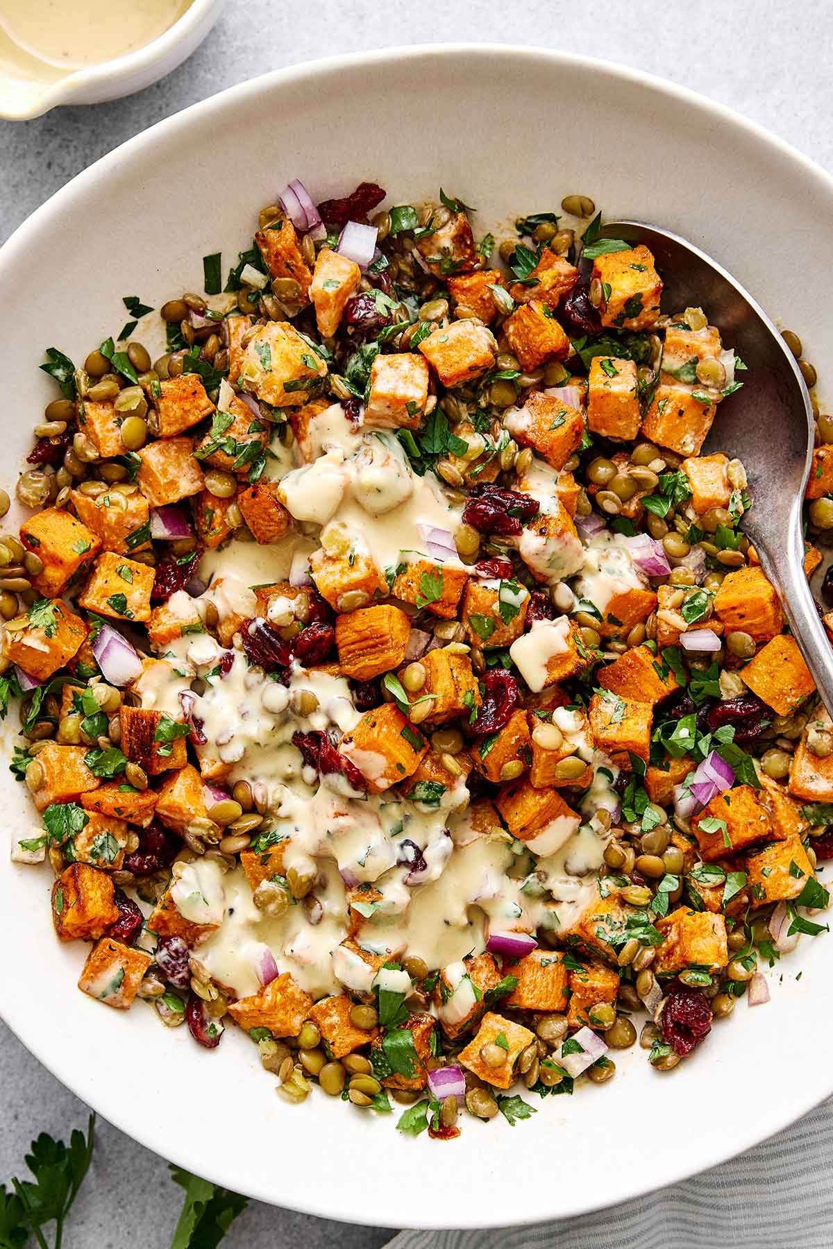 Roasted sweet potato salad for fall and holiday dinners.