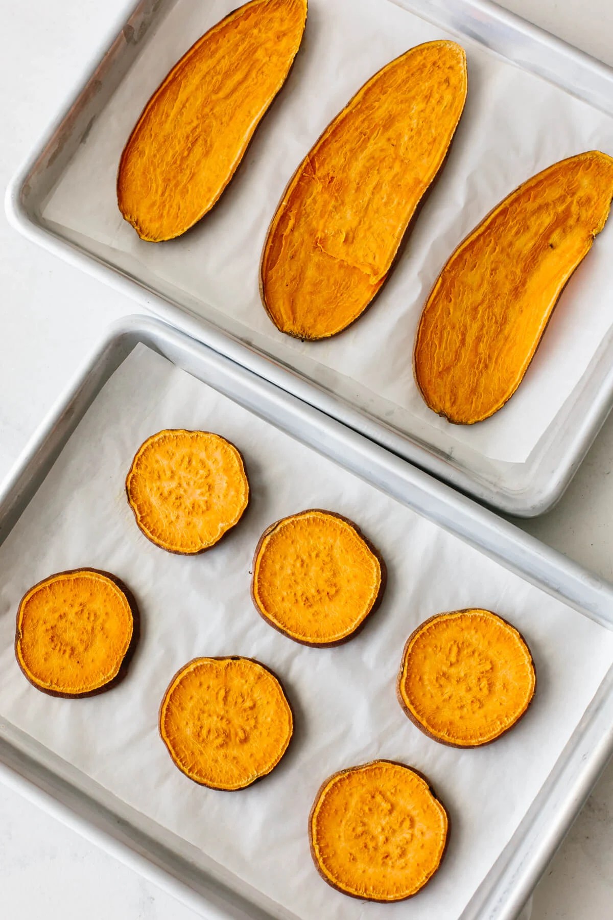 Baked sweet potato toast on baking sheets.