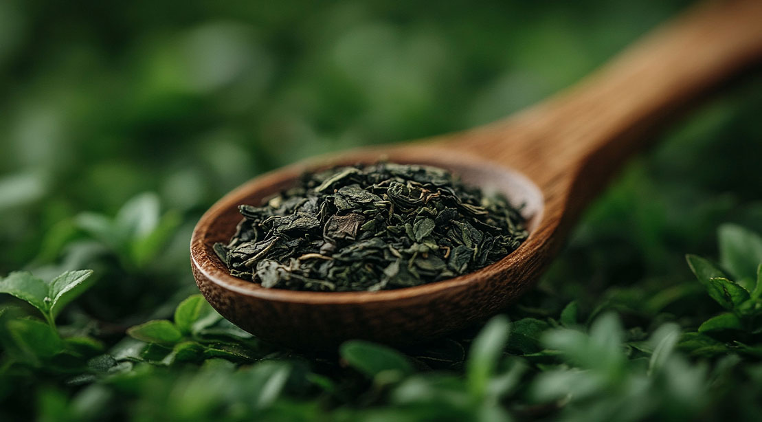 a spoonful of Ayahuasca Guayusa tea leaves