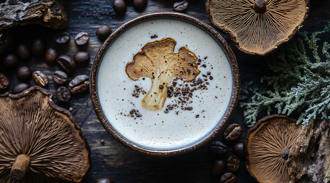 Coffee beans and mushroom sprinkled around a cup of mushroom coffee