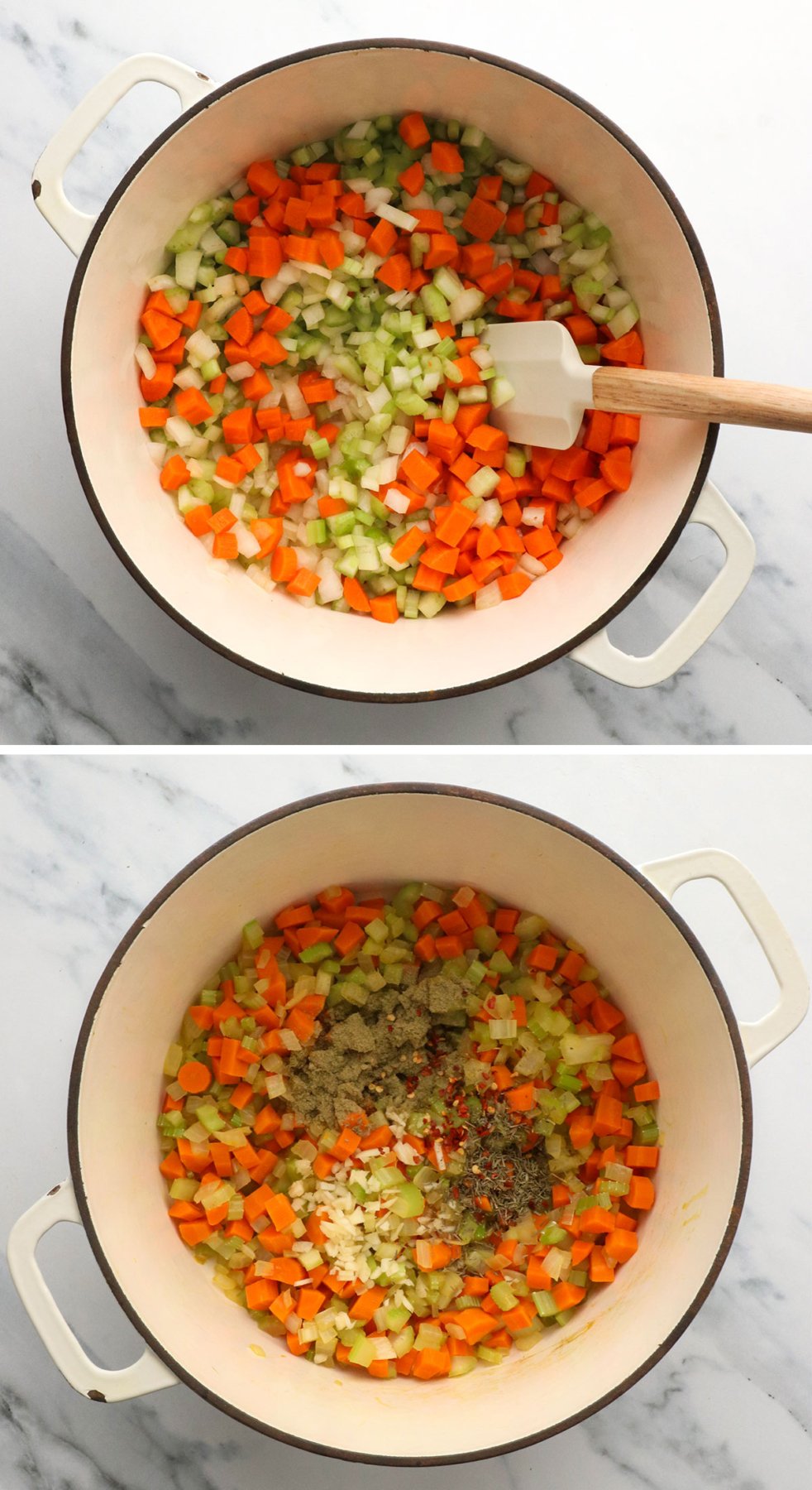 carrot, onion, and celery cooked in a pot with spices and garlic. 