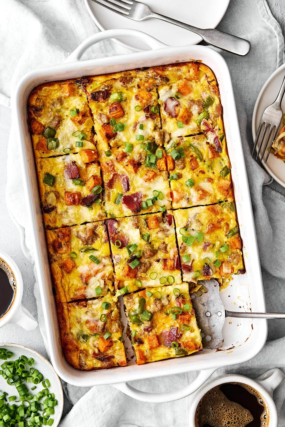 A baking dish with breakfast casserole.