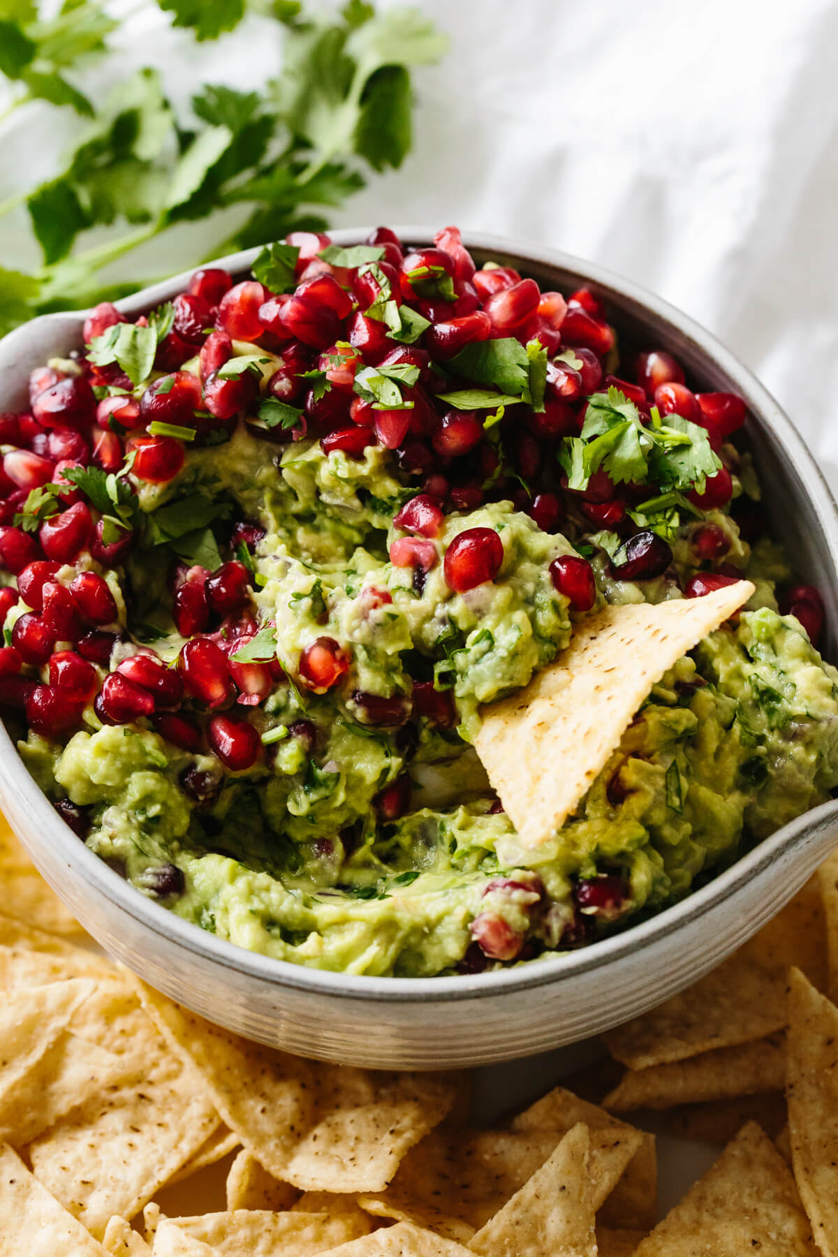 A tortilla chip scooping up pomegranate guacamole.