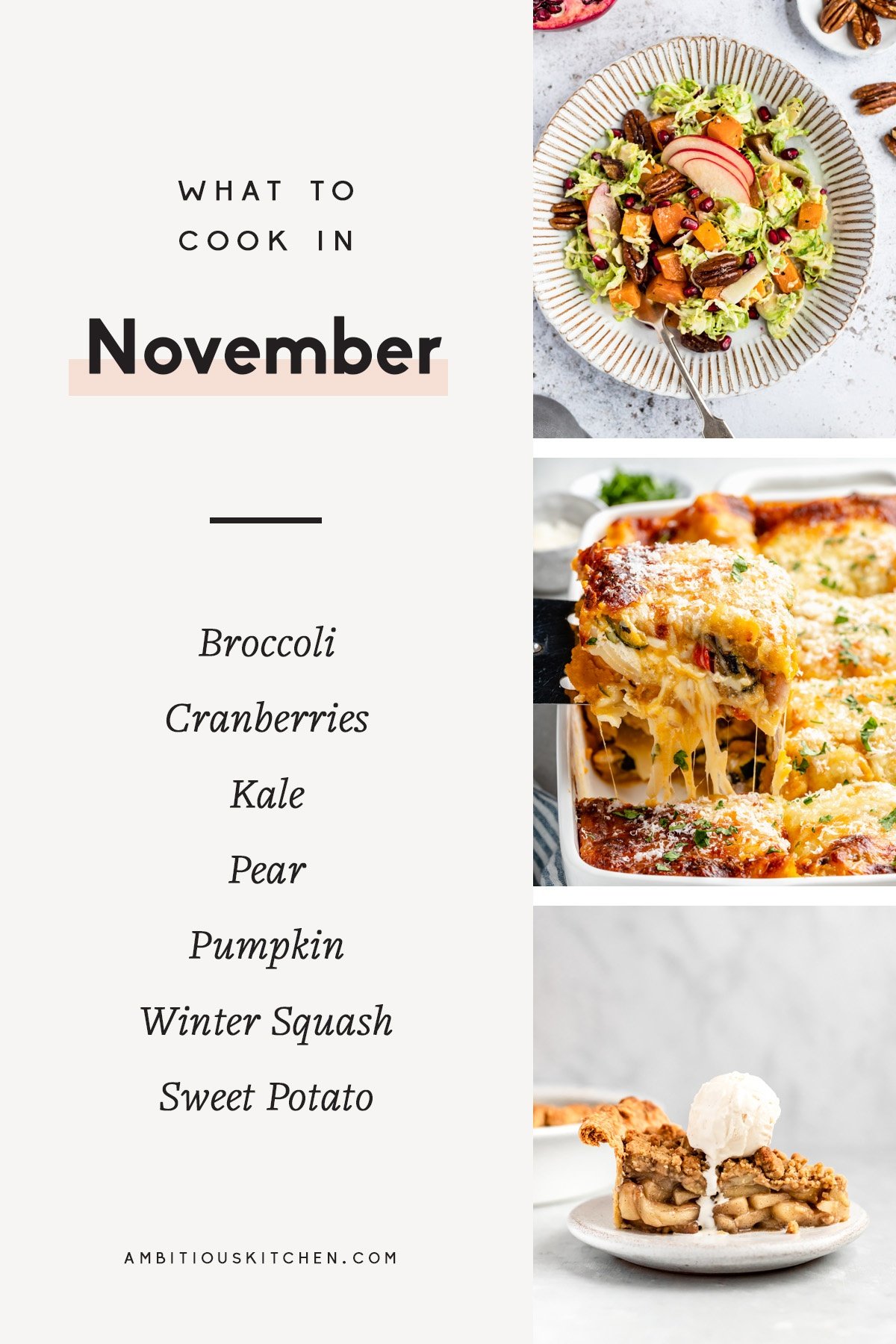 Comforting, seasonal recipes to cook in November! These healthy fall recipes are a great way to use up seasonal produce like pumpkin, winter squash, kale & sweet potatoes, and to get excited about Thanksgiving. collage of recipes to cook in November