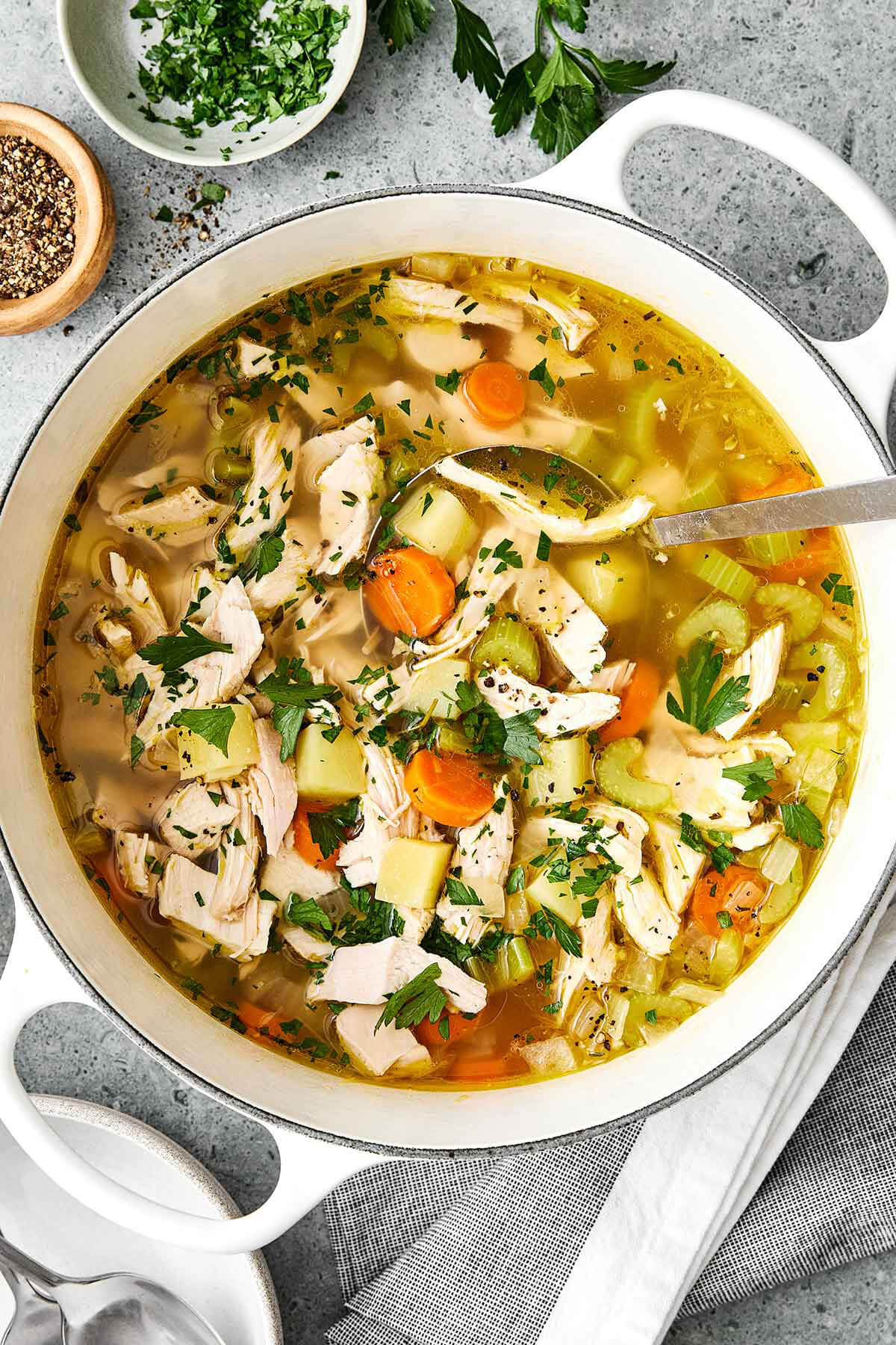 Leftover turkey in soup.