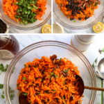 cilantro, raisins, and pecans stirred into a bowl of carrot salad.