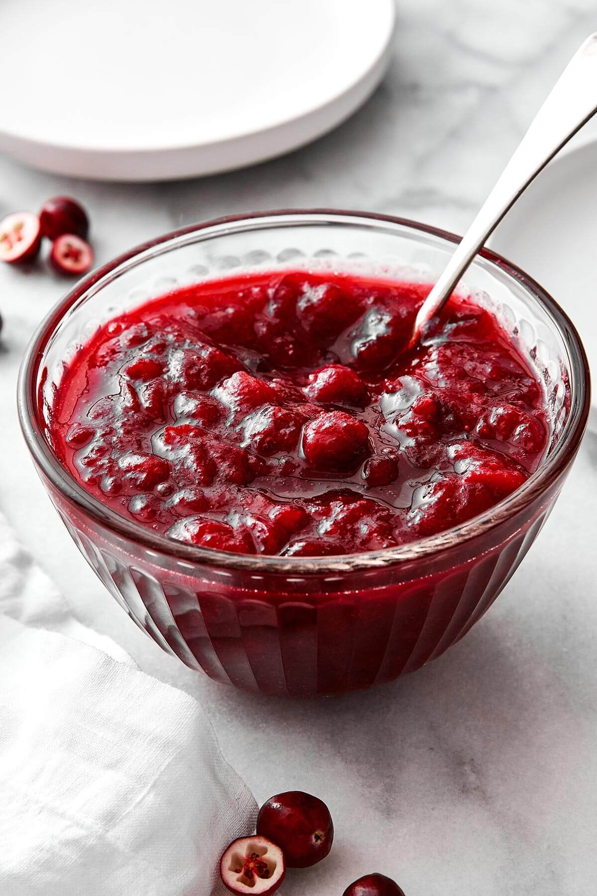A bowl of homemade cranberry sauce.