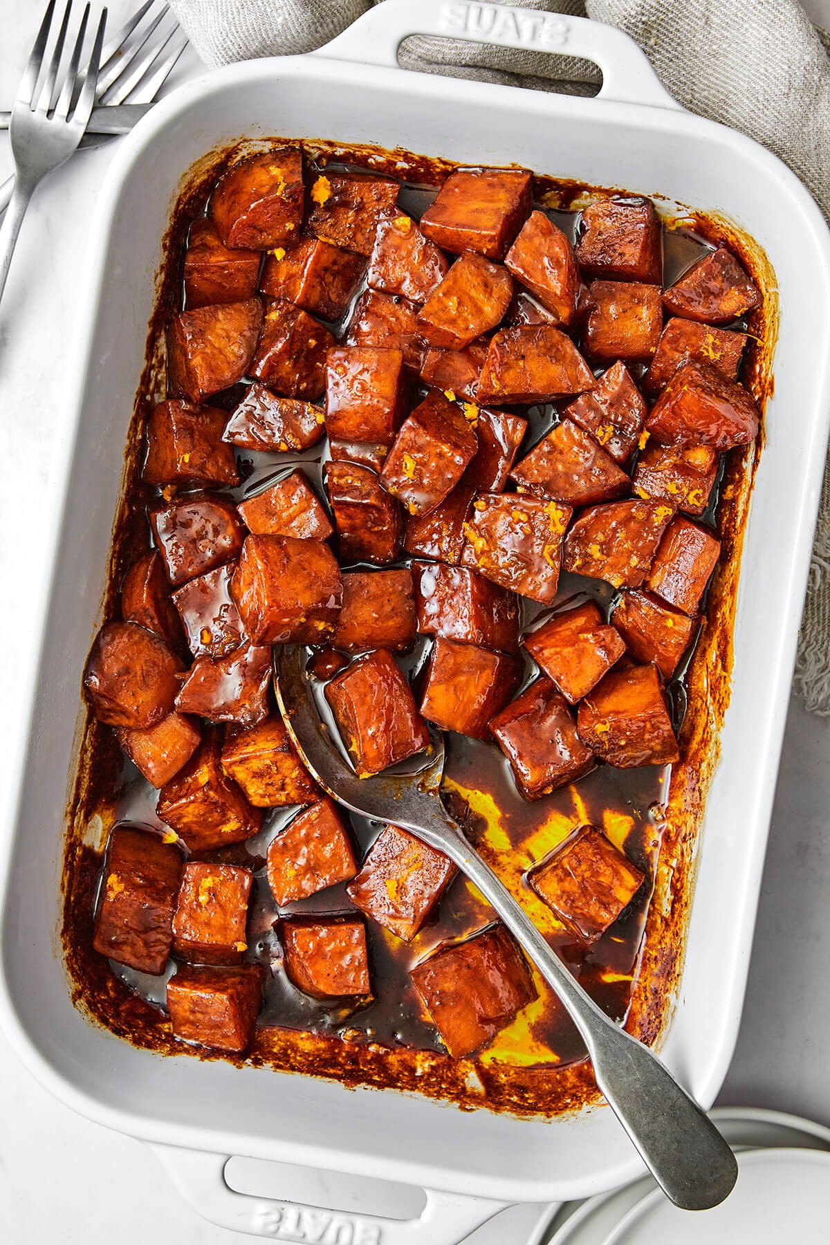 Candied yams in a casserole dish.