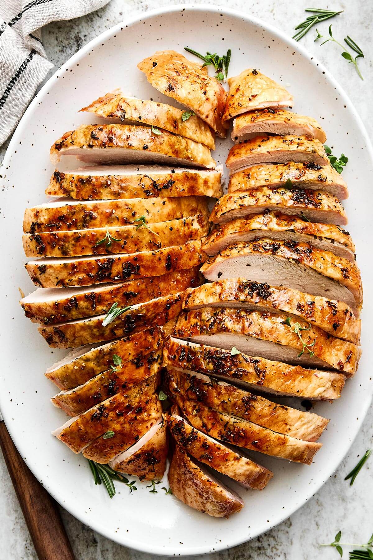 A plate of roasted turkey breast.