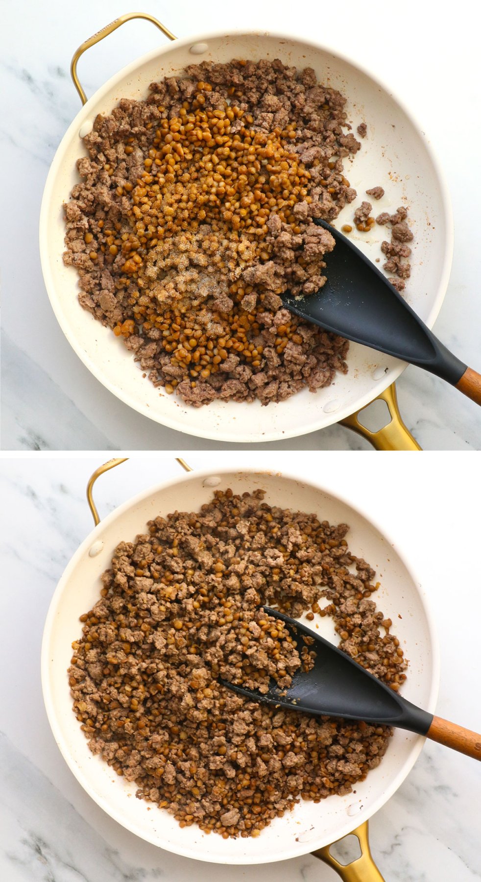 lentils cooked with ground beef and spices in a skillet. 