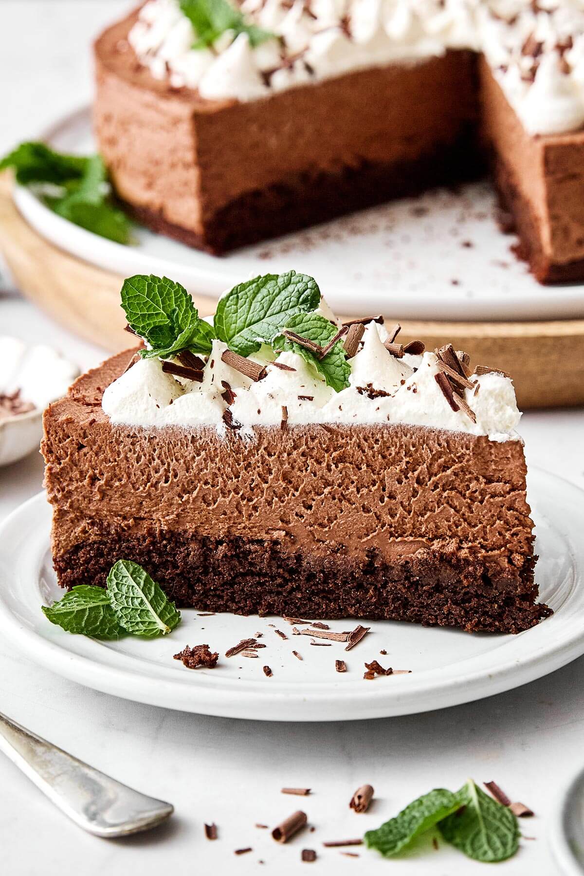 A slice of mint chocolate mousse cake.