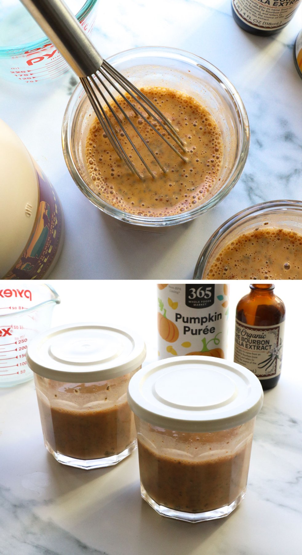 small whisk stirring pudding and lids added to glass jars. 