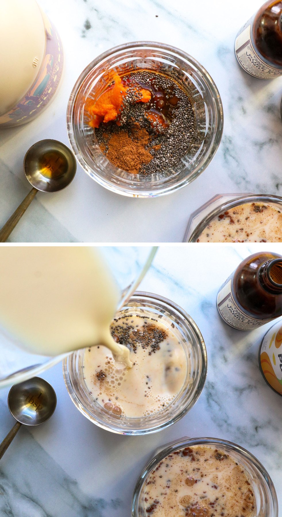 pumpkin, chia seeds, spices, and milk added to glass jars. 