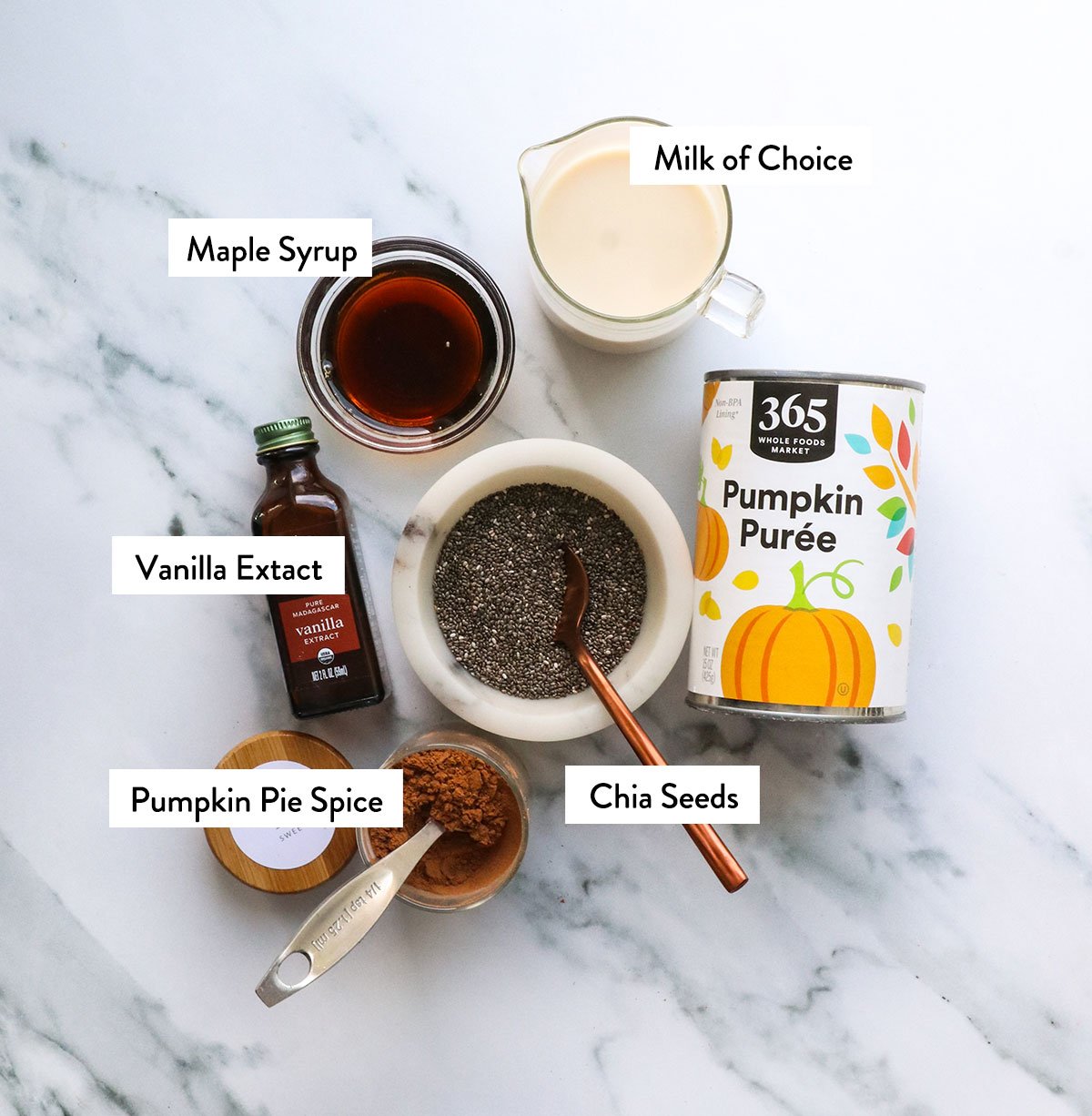 canned pumpkin, chia seeds, maple syrup, and spices labeled on a white surface. 