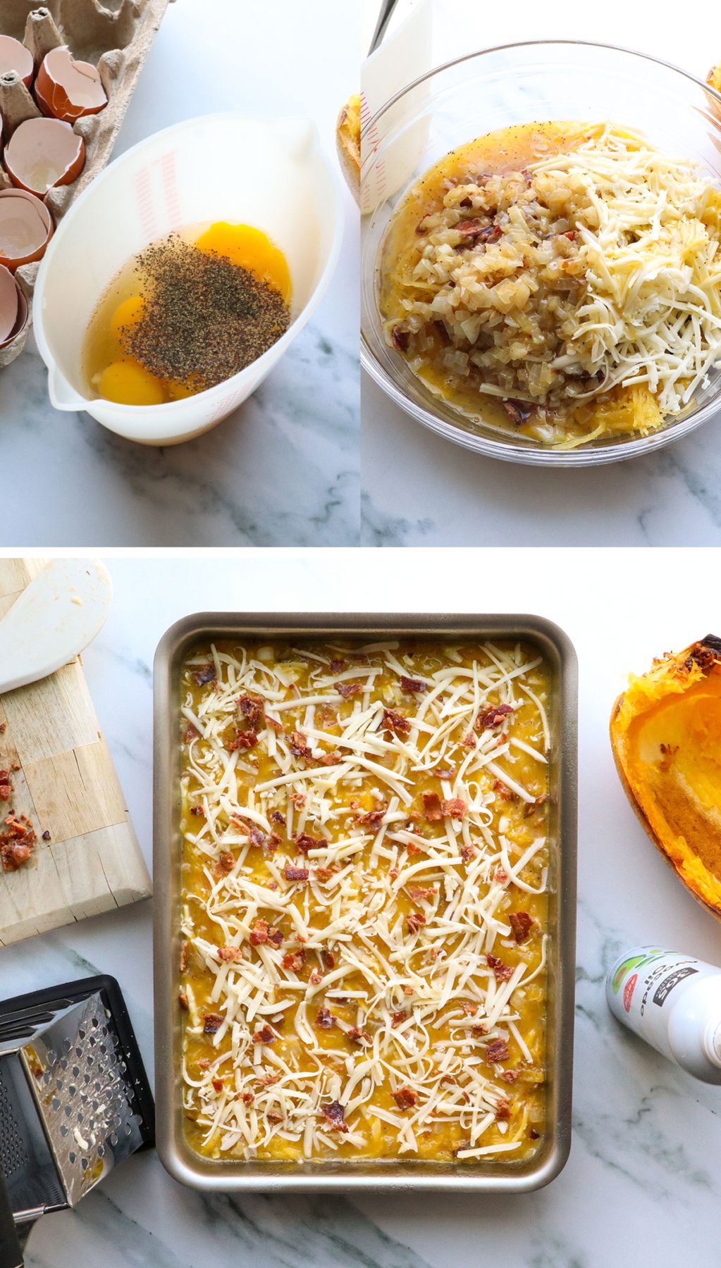 spaghetti squash casserole assembled with eggs and cheese on top. 