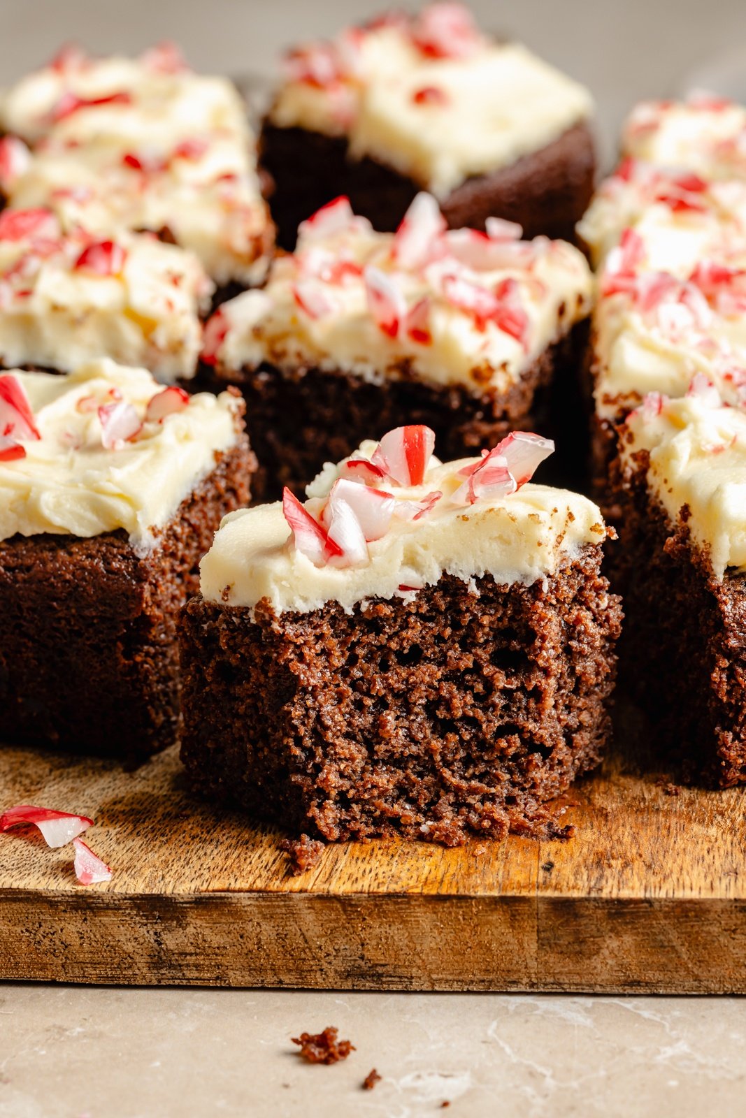 slice peppermint chocolate cake with a bite taken out